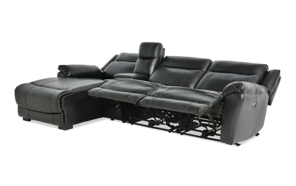 Frontier black leather 120" power reclining sectional with right arm chaise, armless recliner, USB/USB-C ports, storage console, and cupholders.