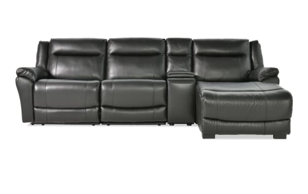 Frontier black leather 120" power reclining sectional with right-arm chaise, armless chair, USB/USB-C ports, storage console, and cupholders.