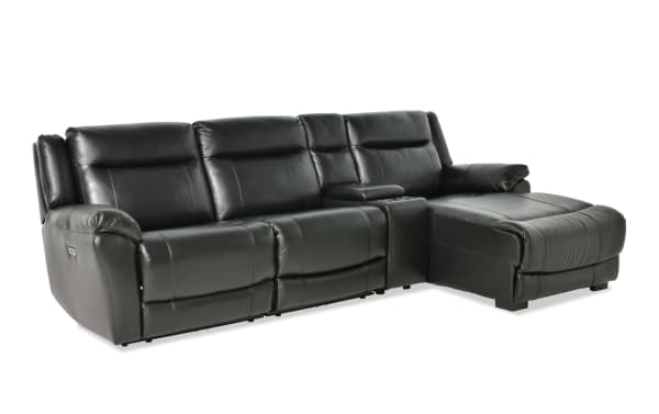 Frontier Black Leather 120'' power reclining sectional with right arm chaise, armless chair, USB/USB-C ports, storage console, and cupholders.