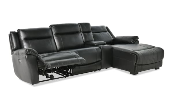 Frontier black leather 120" power reclining sectional with right arm chaise, armless chair, USB/USB-C ports, storage console, and cupholders.