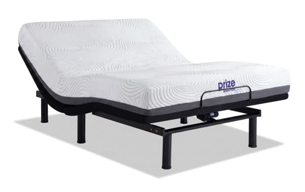Power Bob Elite Base with Prize Hybrid 10'' Queen Firm Mattress featuring white ventilated gel memory foam with charcoal, adjustable black metal base, USB ports, and app control.