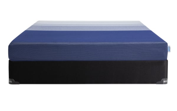 Gem 8'' Queen Firm Standard Mattress Set from Bob-O-Pedic Gem collection, featuring blue gradient stretch knit cover, gel memory foam, and black foundation base.