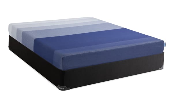 Gem 8'' Queen Firm Standard Mattress Set from Bob-O-Pedic Gem collection, featuring blue stretch knit cover, gel memory foam, and black foundation base.