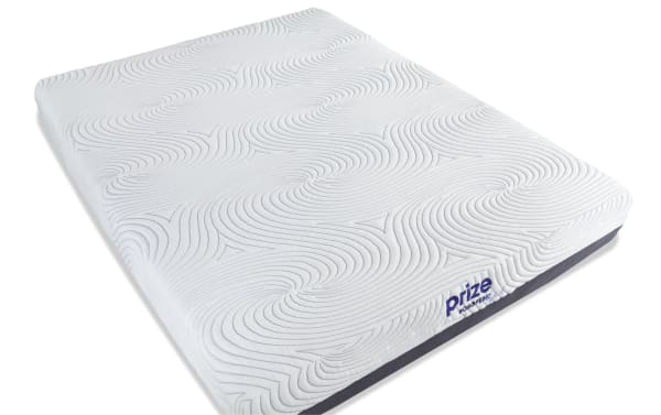 Power Bob Ultra Base with Prize Hybrid 10'' King Firm Mattress featuring white ventilated gel memory foam cover with wave pattern, charcoal sides, and Prize brand label.
