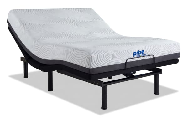 Power Bob Elite Base with Prize Gel 10'' Queen Firm Mattress featuring white gel memory foam with charcoal, adjustable black metal base, USB ports, and Prize collection branding.