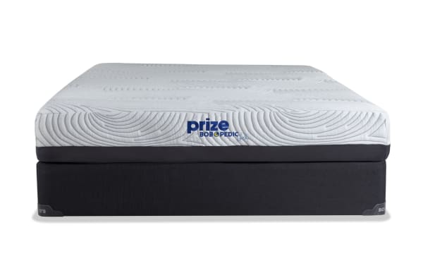Prize Gel 10'' Twin Firm Standard Mattress Set by Bob-O-Pedic, white gel memory foam top with charcoal base, quilted pattern, and branded logo.