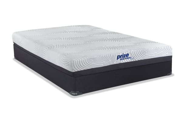 Prize Gel 10'' Twin Firm Standard Mattress Set by Bob-O-Pedic, featuring white gel memory foam with wave pattern, charcoal foundation, and firm support.