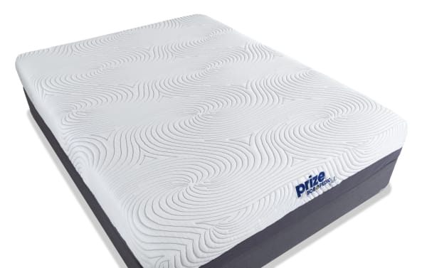 Prize Gel 10'' Twin Firm Standard Mattress Set by Bob-O-Pedic, white gel memory foam top with gray charcoal foundation, firm support, ventilated design