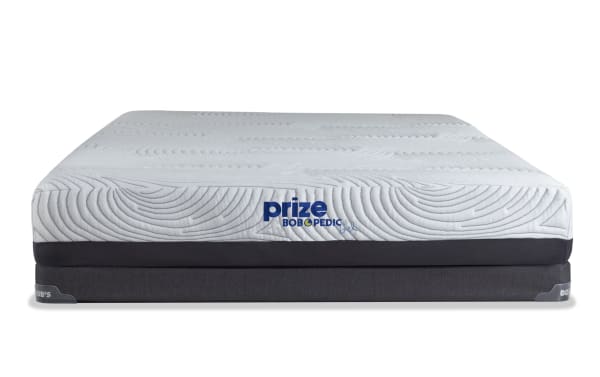 Prize Gel 10'' King Firm Split Low Profile Mattress Set by Bob-O-Pedic, white quilted gel memory foam top with dark gray base, firm support