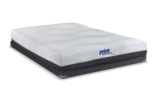 Prize Gel 10'' King Firm Split Low Profile Mattress Set by Bob-O-Pedic, featuring white gel memory foam with charcoal, dark gray base, and quilted top design for pressure relief and support.