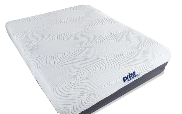 Prize Gel 10'' King Firm Split Low Profile Mattress Set by Bob-O-Pedic, white textured gel memory foam top with gray base, ventilated for cooling and support.