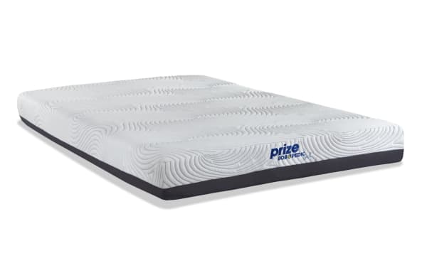 Power Bob Essential Base with Prize Gel 10'' Twin XL Firm Mattress featuring white quilted top with wave patterns, dark gray sides, and Prize Bob-O-Pedic Gel branding.