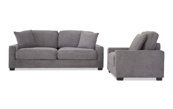Aspen Charcoal 86'' transitional sofa and chair set in soft gray polyester fabric with plush cushions, memory foam, and accent pillows for cozy living rooms.