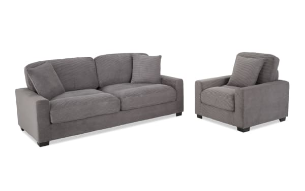 Aspen Charcoal 86'' Sofa & Chair set in gray polyester fabric with plush cushions, transitional style, memory foam padding, and accent pillows.