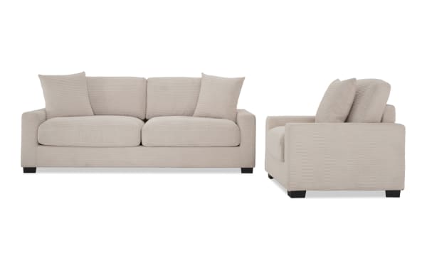 Beige Aspen Beige 86'' Sofa & Chair set in transitional style with plush polyester fabric upholstery and cushioned memory foam seating.