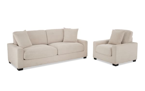 Aspen Beige 86'' Sofa and Chair set in beige polyester fabric with plush cushions, Bob-O-Pedic Memory Foam, and transitional style.