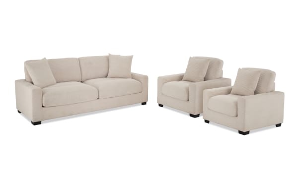 Aspen Beige 86'' sofa and 2 chairs set in beige polyester fabric with plush Bob-O-Pedic® memory foam cushions, transitional style, durable frame, and accent pillows.