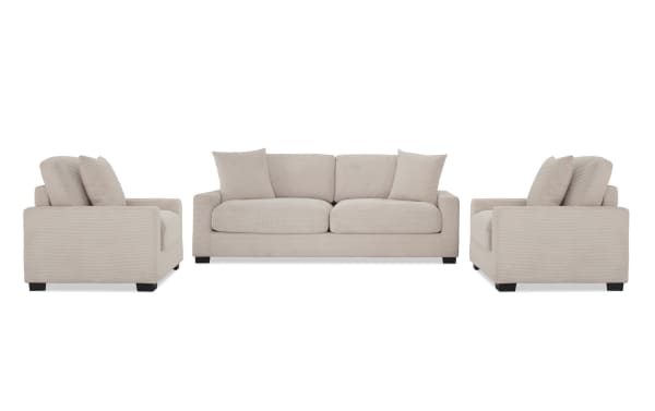 Aspen Beige 86'' sofa and two chairs set in beige polyester fabric, transitional style with plush cushions and Bob-O-Pedic Memory Foam for comfort.