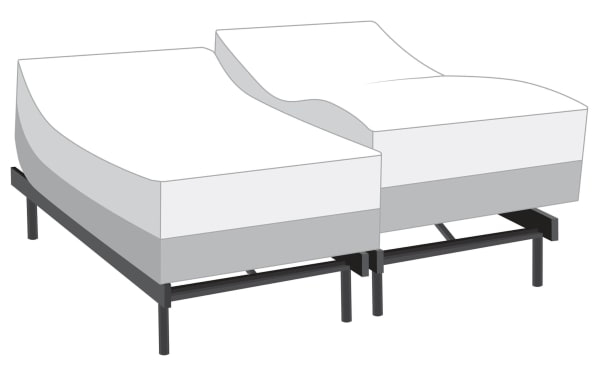 Power Bob Ultra Base with Gem Hybrid 8'' Split King Firm Mattress featuring adjustable split base, firm white gel memory foam mattress, and black metal frame.
