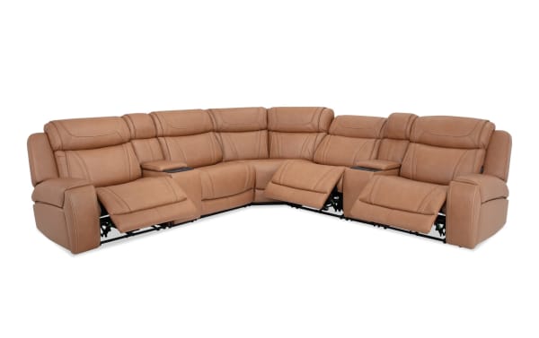 Dynamic Cognac Leather 131'' Bluetooth Audio Power Reclining 7 Piece Sectional with Power Lumbar