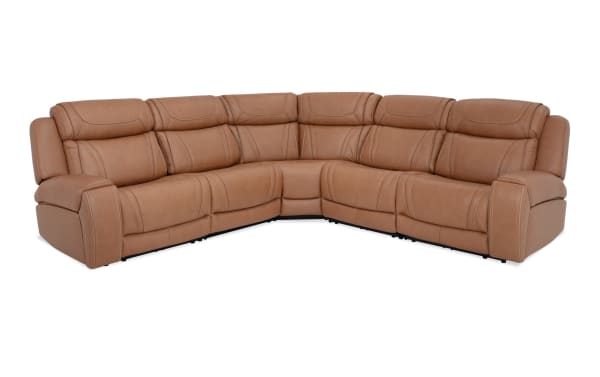 Dynamic Cognac Leather 118'' Power Reclining 5 Piece Sectional with Power Headrest & Power Lumbar