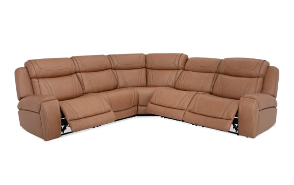 Dynamic Cognac Leather 118'' Power Reclining 5 Piece Sectional with Power Headrest & Power Lumbar