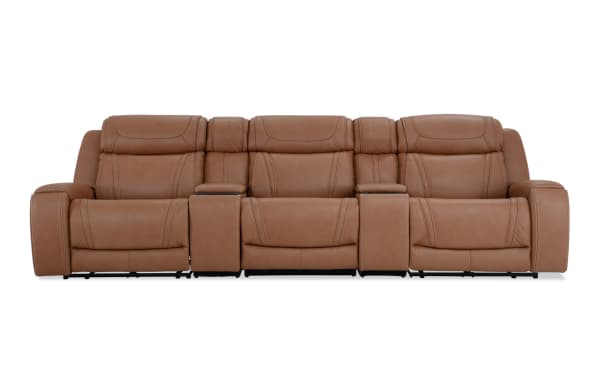 Dynamic Cognac Leather 136'' Bluetooth Audio Power Reclining Sofa with Armless Chair, transitional style, brown leather and vinyl upholstery, power headrests, storage console with wireless charging, USB ports, and cupholders.