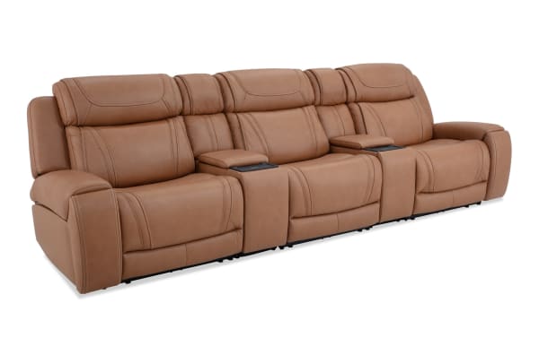 Dynamic Cognac leather 136" Bluetooth audio power reclining sofa with armless chair, transitional style, brown leather upholstery, memory foam cushioning, storage console with wireless charging and USB ports.