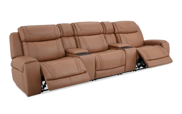 Dynamic Cognac Leather 136'' Bluetooth Audio Power Reclining Sofa with armless chair, brown leather upholstery, transitional style, memory foam, USB ports, cupholders, wireless charging.