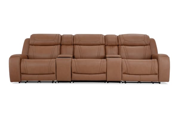 Dynamic Cognac Leather 136'' Bluetooth Audio Power Reclining Sofa with Armless Recliner & Power Lumbar
