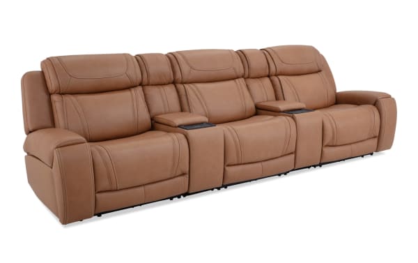 Dynamic Cognac Leather 136'' Bluetooth Audio Power Reclining Sofa with Armless Recliner & Power Lumbar