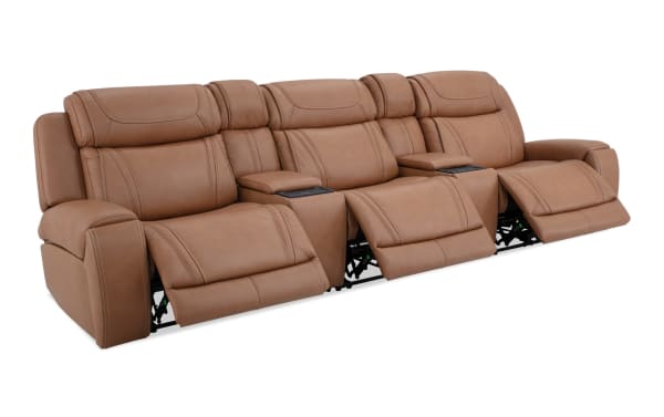 Dynamic Cognac Leather 136'' Bluetooth Audio Power Reclining Sofa with Armless Recliner & Power Lumbar