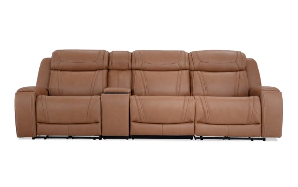 Dynamic Cognac leather 123" transitional power reclining sofa with armless recliner, power lumbar, USB ports, wireless charging, and Bluetooth audio.