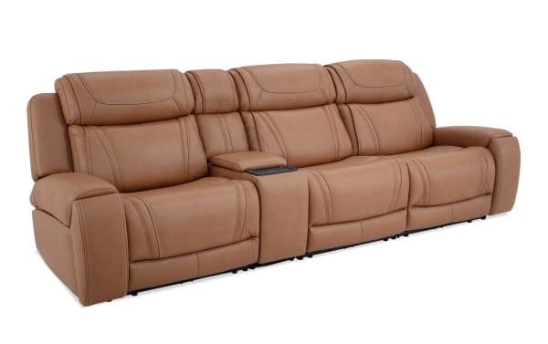 Dynamic Cognac leather 123" transitional power reclining sofa with armless recliner, power lumbar, Bluetooth audio, USB ports, and storage console.