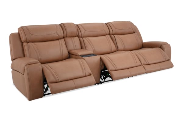 Dynamic Cognac leather 123" transitional power reclining sofa with armless recliner, power lumbar, memory foam, storage console, USB ports, and Bluetooth.