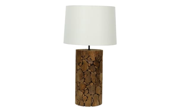 Amber Natural Wood Table Lamp with a unique textured wooden base and white fabric shade in a transitional style for elegant home lighting.