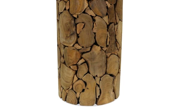 Amber Natural Wood Table Lamp with a unique transitional style wooden base featuring natural wood slices in warm amber tones, paired with a white fabric shade.