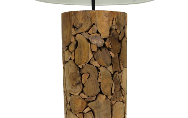 Amber Natural Wood Table Lamp with a unique textured wooden base made of natural wood slices and a white fabric shade in a transitional style.