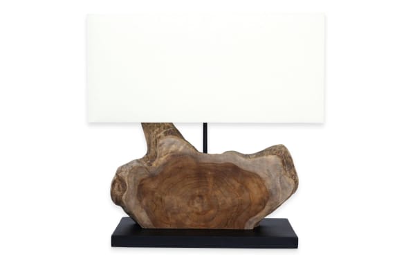 Naomi Natural Wood Table Lamp with natural wooden base and white rectangular fabric shade, featuring transitional treehouse-chic style.