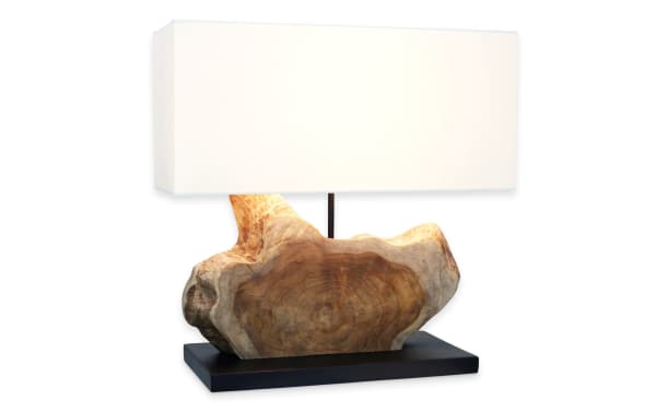 Naomi Natural Wood Table Lamp with natural wooden base and white rectangular fabric shade, featuring a transitional treehouse-chic design.