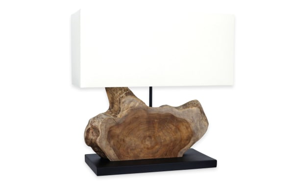 Naomi Natural Wood Table Lamp with natural wood base and white rectangular fabric shade, featuring transitional style and treehouse-chic design.