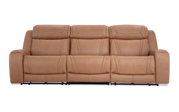Dynamic Cognac leather 110-inch power reclining sofa with armless chair and power headrest, transitional style, brown leather upholstery, memory foam cushioning, and cupholders.