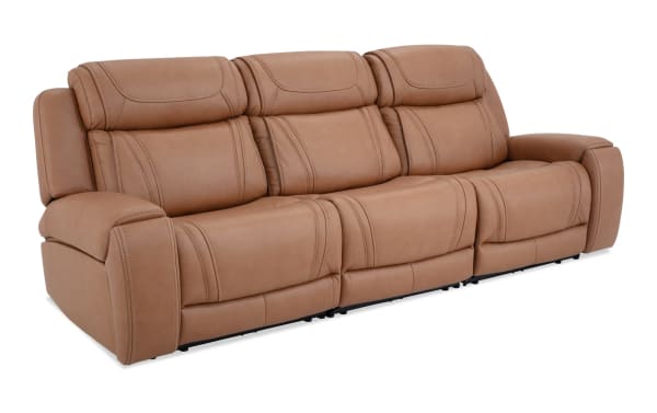 Dynamic Cognac Leather 110" power reclining sofa with armless chair and power headrests, brown leather upholstery, transitional style, USB ports, memory foam cushions.