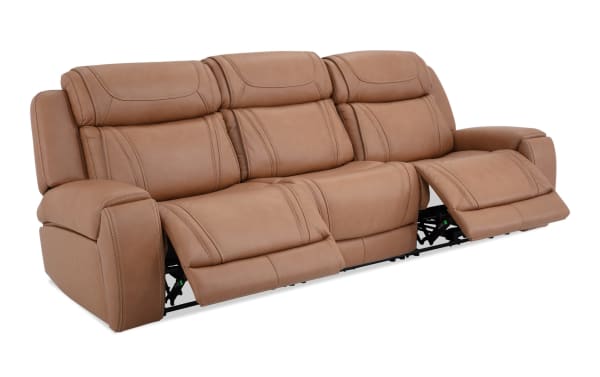 Dynamic Cognac leather 110" transitional power reclining sofa with armless chair, power headrests, memory foam cushions, and USB ports.