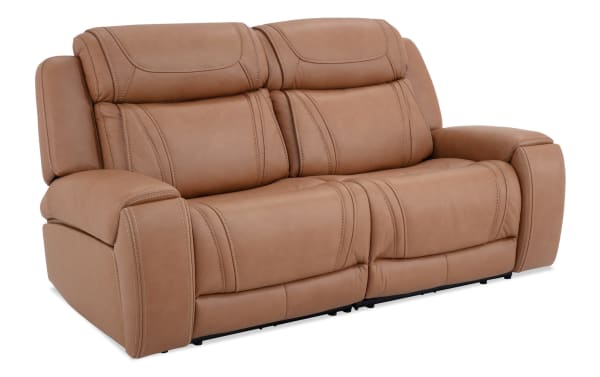 Dynamic Cognac Leather 80'' Power Reclining Loveseat with power headrests, USB ports, cupholders, and Bob-O-Pedic Memory Foam in transitional style