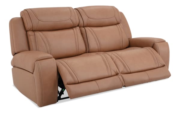 Dynamic Cognac Leather 80'' Power Reclining Loveseat with power headrests, USB ports, cupholders, and Bob-O-Pedic memory foam in transitional brown leather.