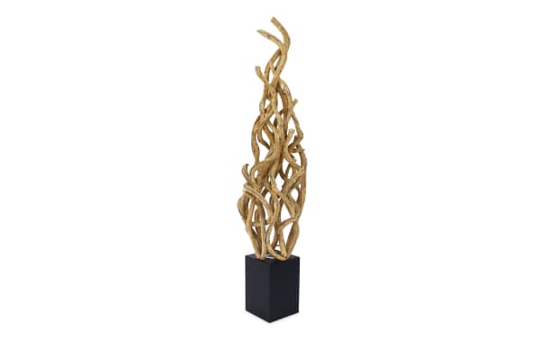 Calista 60" natural wood floor lamp with sculptural twisted wooden base, black metal square stand, and transitional style for living room lighting.