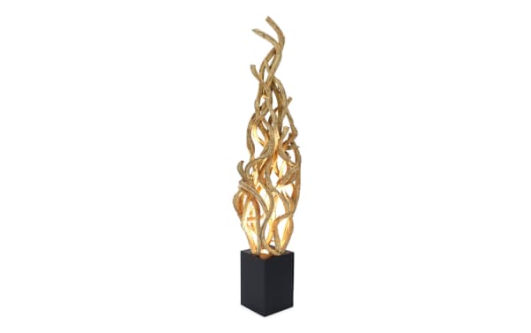 Calista 60" natural wood floor lamp with sculptural twisted wood design, black metal base, and warm integrated lighting in transitional style.