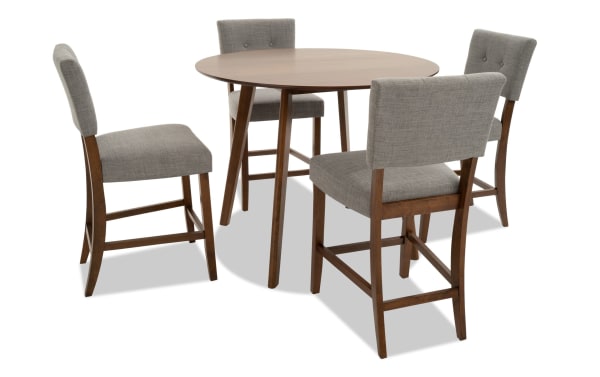 Bettie 5 Piece Walnut & Gray Upholstered Round Counter Height Dining Set with mid-century modern rubberwood frame, gray polyester fabric, button tufting, and Bob-O-Pedic memory foam seats.