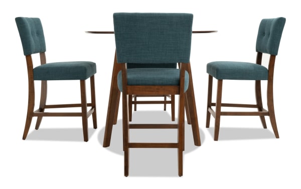 Bettie 5 Piece Walnut & Teal Upholstered Round Counter Height Dining Set with mid-century modern flared legs, button tufted teal polyester fabric, and memory foam seats.
